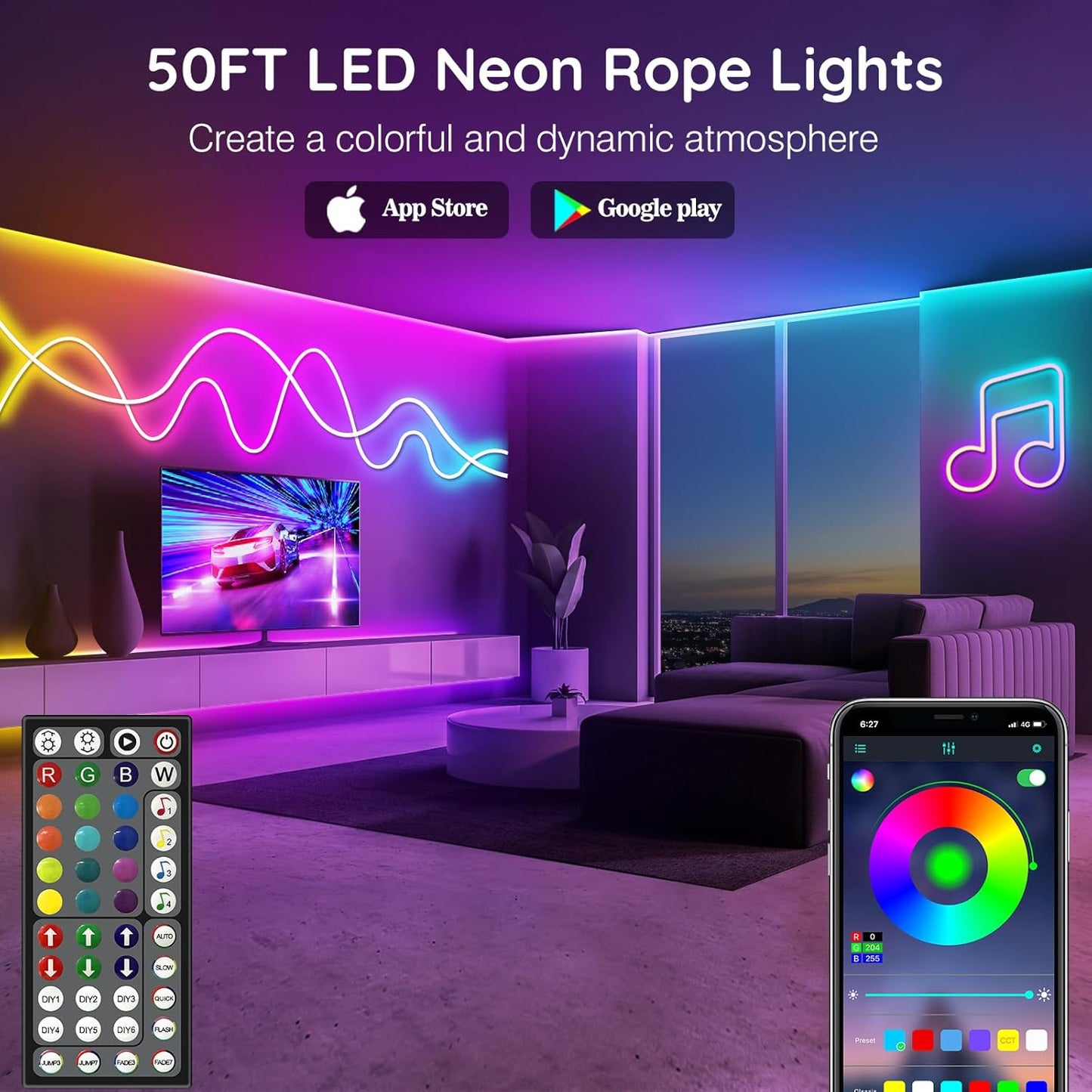 15M Neon LED Strip, Flexible LED Strips, Control with App/Remote, Multiple Modes, Waterproof, Music Sync Gaming Strip Lights for Bedroom Indoor, IP65 Outdoor RGB Neon Lights