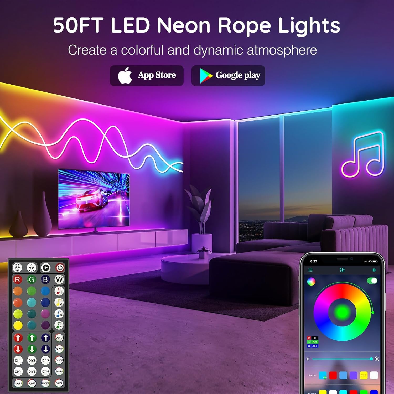 15M Neon LED Strip, Flexible LED Strips, Control with App/Remote, Multiple Modes, Waterproof, Music Sync Gaming Strip Lights for Bedroom Indoor, IP65 Outdoor RGB Neon Lights