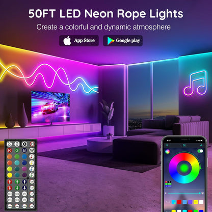15M Neon LED Strip, Flexible LED Strips, Control with App/Remote, Multiple Modes, Waterproof, Music Sync Gaming Strip Lights for Bedroom Indoor, IP65 Outdoor RGB Neon Lights