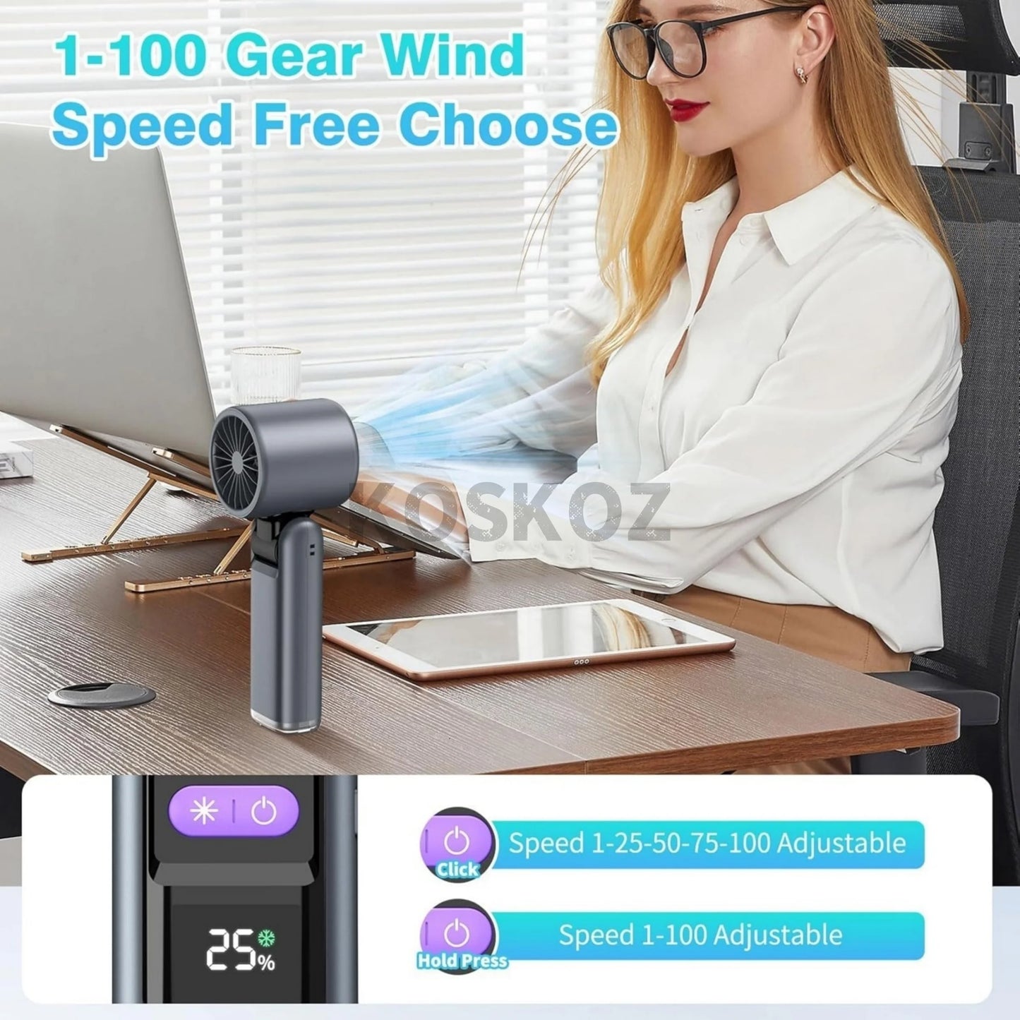 Erleben Sie Erfrischung überall mit dem Tragbaren Handventilator - 5-Gang Mini-Ventilator mit 4000 mAh Akku, integrierter Taschenlampe und Kühlfunktion für Ihre Reisen