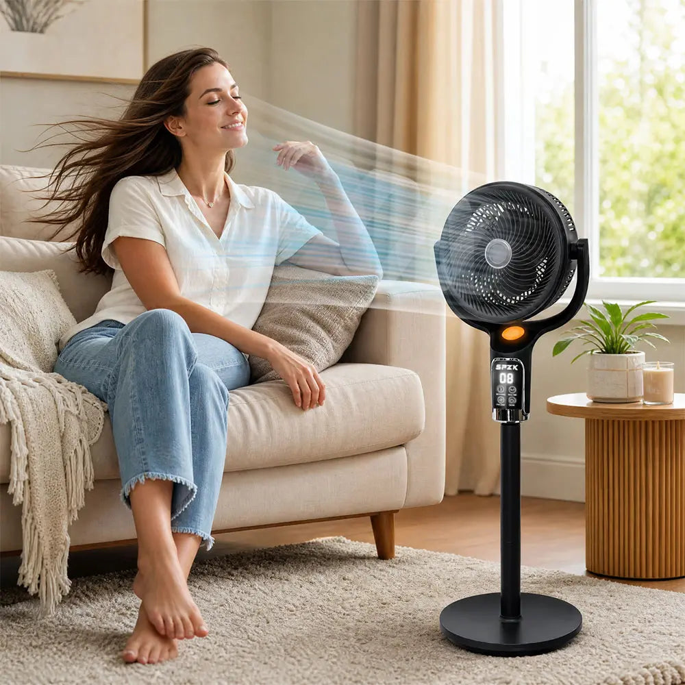 SPZK Air Circulator Pedestal Fan 120° Automatic 4-Way Oscillating Standing Fan, Ultra Quiet Standing Air Circulation Fan with Remote Control, 8 Speed Powerful Oscillating Floor Fan, 9 Hour Timer Adjustable Height Pedestal Fan for Home Sleep Office Use