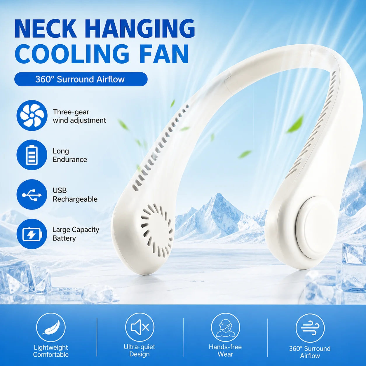 Portable Bladeless Neck Fan 3 Speed Adjustable Rechargeable Air Cooler Mini Hanging Neck Fan Long Battery Life for Summer Outdoo