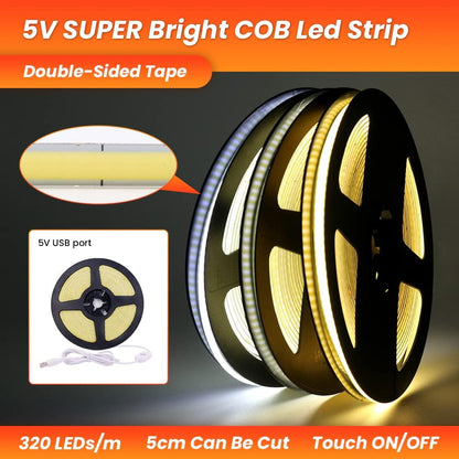 Transform Your Space with the Versatile 5V COB LED Strip – 320 Bright Warm White LEDs for Stunning Ambiance (1M, Natural White)