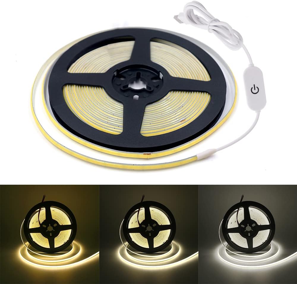 Transform Your Space with the Versatile 5V COB LED Strip – 320 Bright Warm White LEDs for Stunning Ambiance (1M, Natural White)
