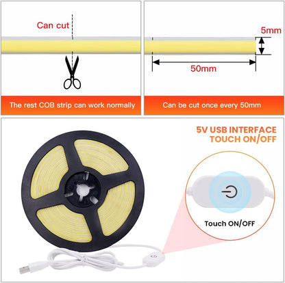 Transform Your Space with the Versatile 5V COB LED Strip – 320 Bright Warm White LEDs for Stunning Ambiance (1M, Natural White)