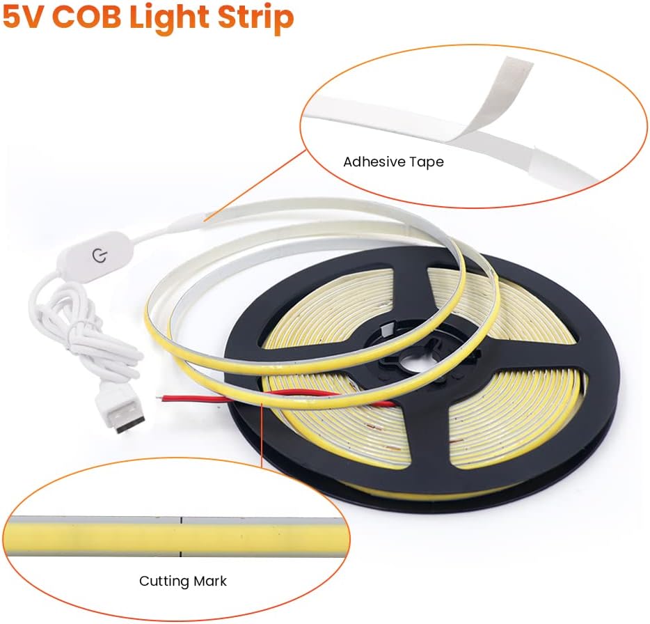 Transform Your Space with the Versatile 5V COB LED Strip – 320 Bright Warm White LEDs for Stunning Ambiance (1M, Natural White)
