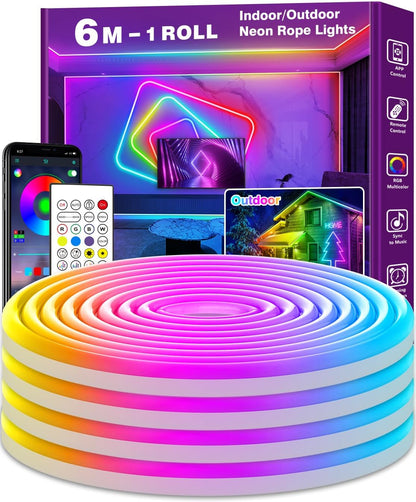 6M Neon LED Strip, Flexible LED Strips, Control with App/Remote, Multiple Modes, Waterproof, Music Sync Gaming Strip Lights for Bedroom Indoor, IP65 Outdoor RGB Neon Lights