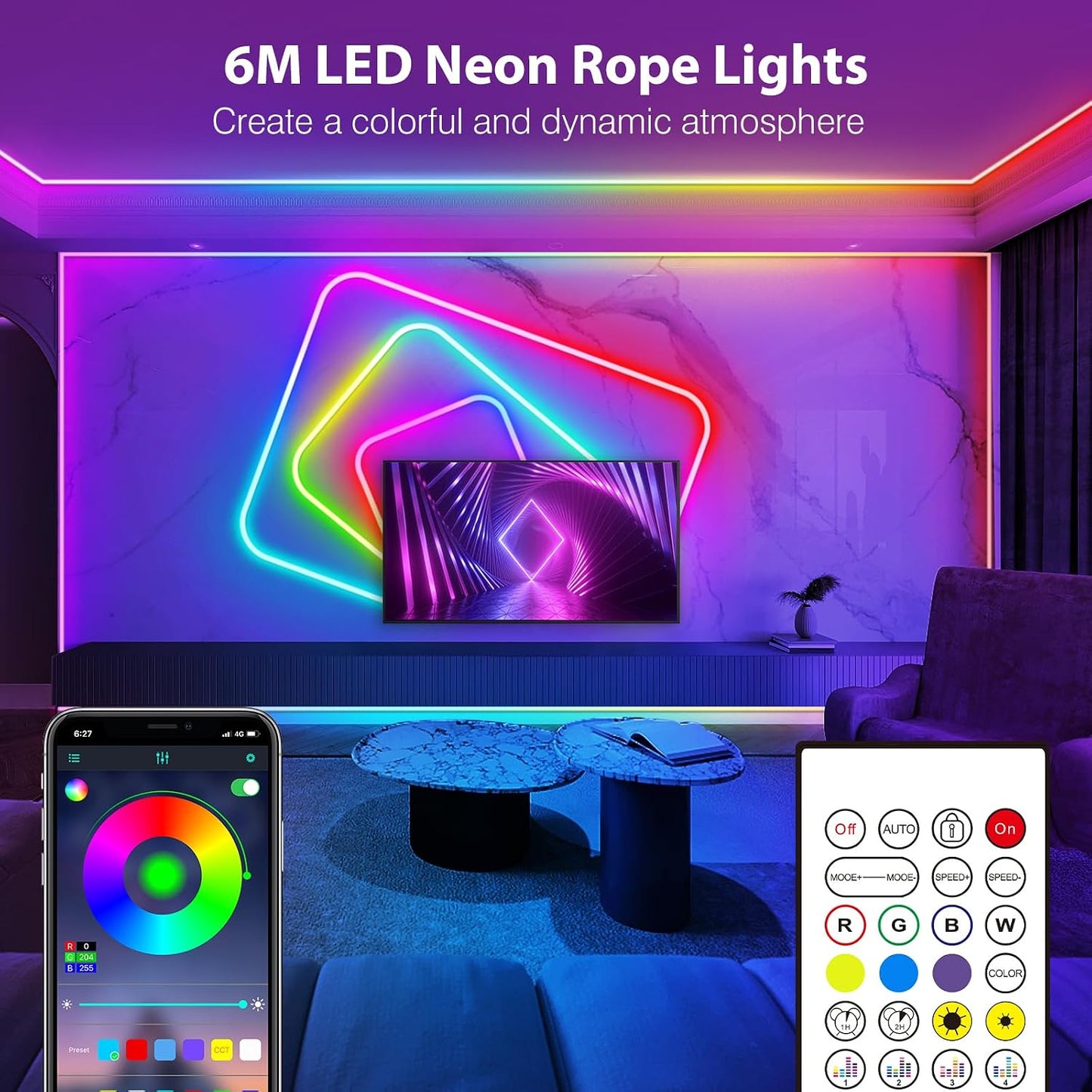6M Neon LED Strip, Flexible LED Strips, Control with App/Remote, Multiple Modes, Waterproof, Music Sync Gaming Strip Lights for Bedroom Indoor, IP65 Outdoor RGB Neon Lights