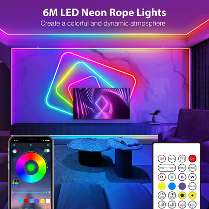 6M Neon LED Strip, Flexible LED Strips, Control with App/Remote, Multiple Modes, Waterproof, Music Sync Gaming Strip Lights for Bedroom Indoor, IP65 Outdoor RGB Neon Lights