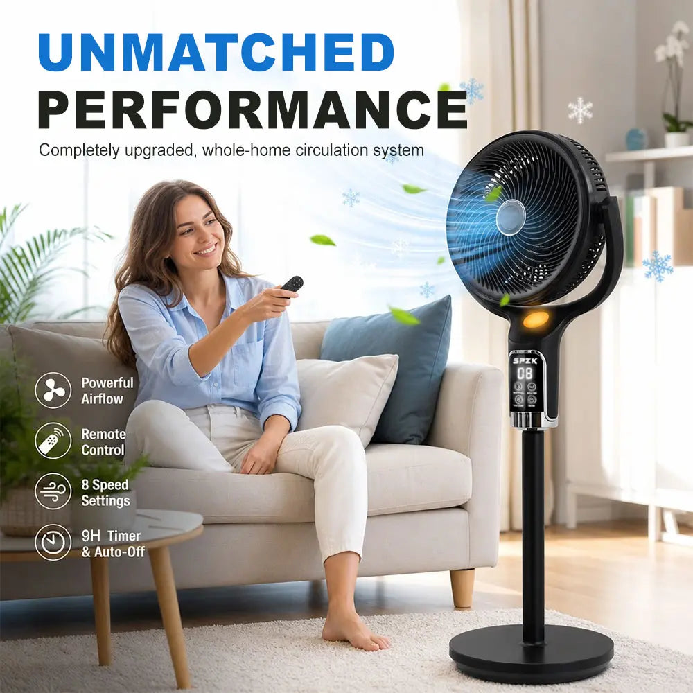 SPZK Air Circulator Pedestal Fan 120° Automatic 4-Way Oscillating Standing Fan, Ultra Quiet Standing Air Circulation Fan with Remote Control, 8 Speed Powerful Oscillating Floor Fan, 9 Hour Timer Adjustable Height Pedestal Fan for Home Sleep Office Use