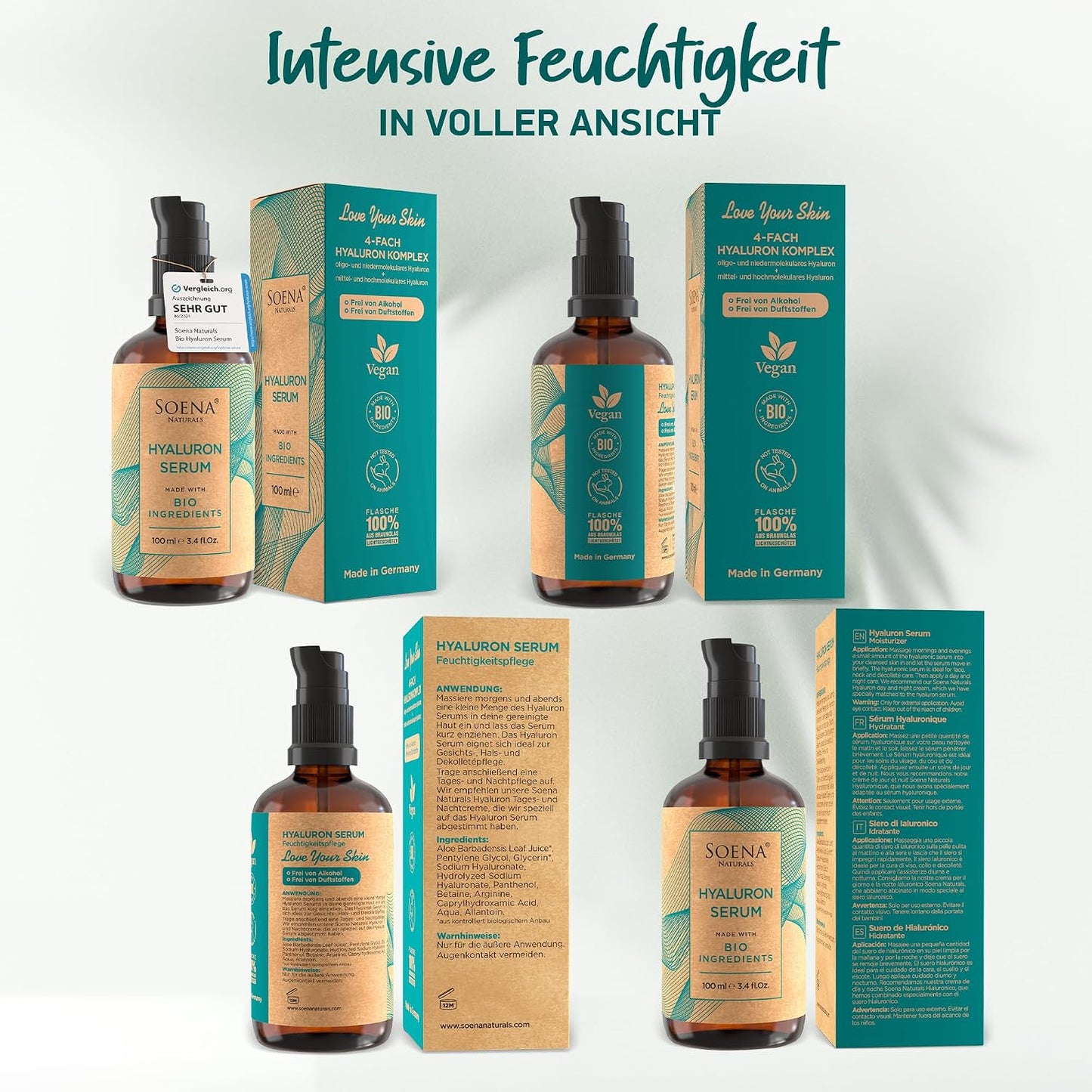 Bio Hyaluron Serum Hochdosiert - Beste Hyaluronsäure (Oligo) - 8-Fach Anti-Falten-Komplex- Mit 4 Hyalurongrößen - Frei Von Alkohol & Parfüm 100Ml - Hyaluronsäure Serum