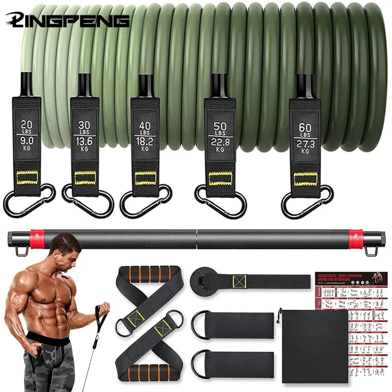 Widerstandsband-Set für Fitness – 5 Rohr-Trainingsbänder mit Tü-Rankergreifern, Knöchelriemen und Fitness-Stick