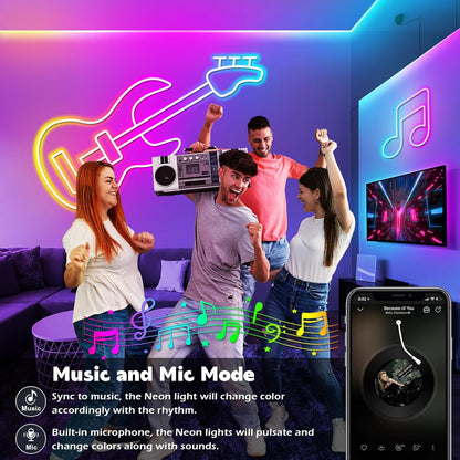 15M Neon LED Strip, Flexible LED Strips, Control with App/Remote, Multiple Modes, Waterproof, Music Sync Gaming Strip Lights for Bedroom Indoor, IP65 Outdoor RGB Neon Lights