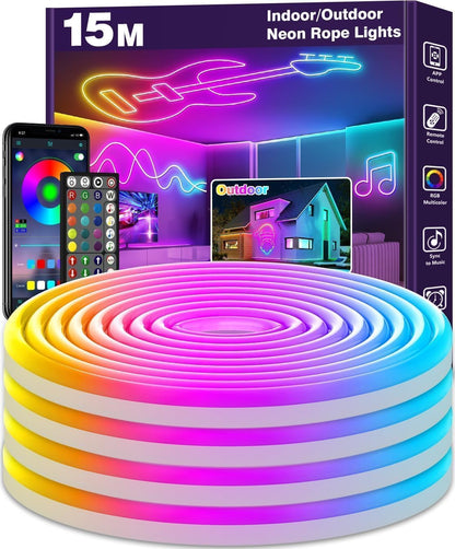 15M Neon LED Strip, Flexible LED Strips, Control with App/Remote, Multiple Modes, Waterproof, Music Sync Gaming Strip Lights for Bedroom Indoor, IP65 Outdoor RGB Neon Lights
