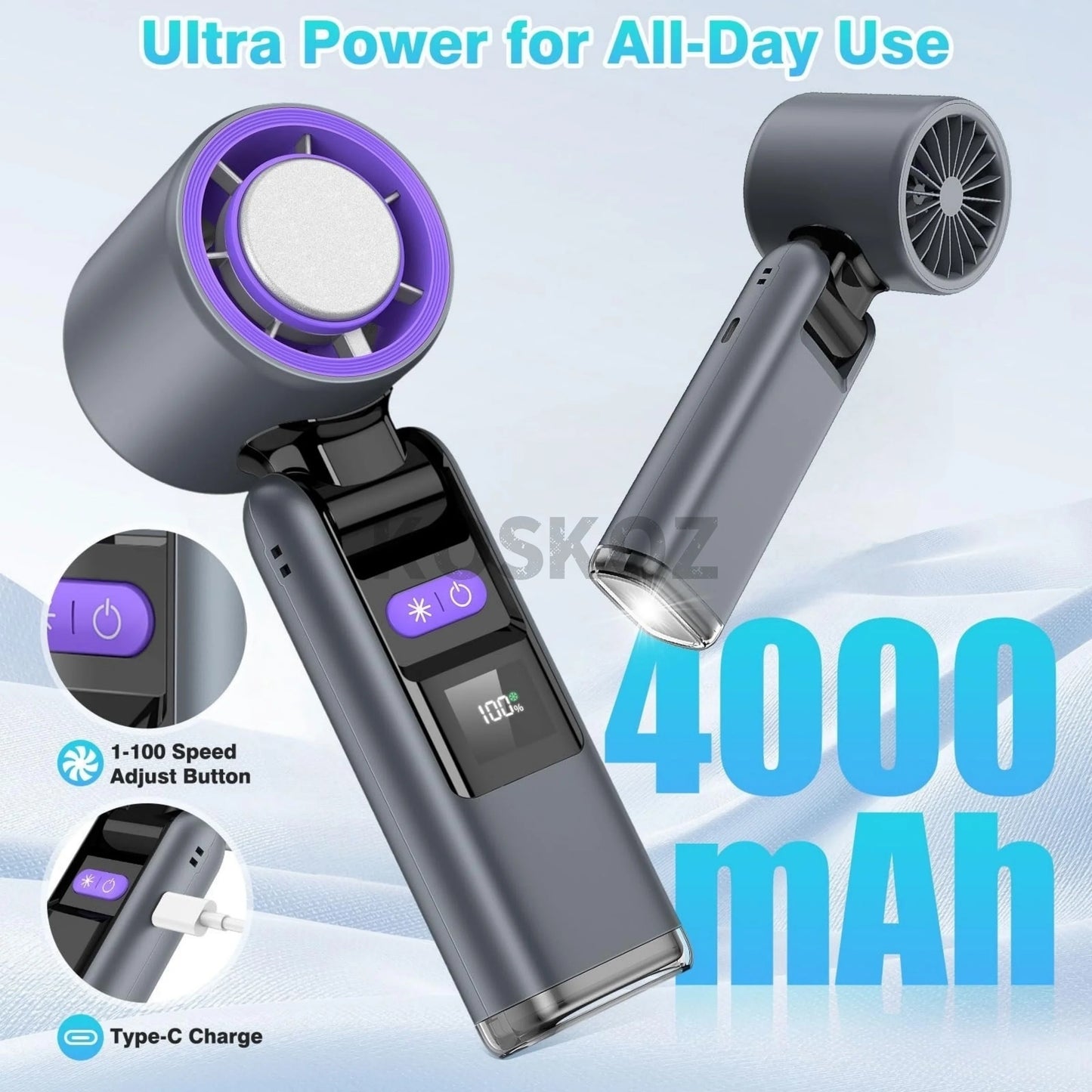 Erleben Sie Erfrischung überall mit dem Tragbaren Handventilator - 5-Gang Mini-Ventilator mit 4000 mAh Akku, integrierter Taschenlampe und Kühlfunktion für Ihre Reisen