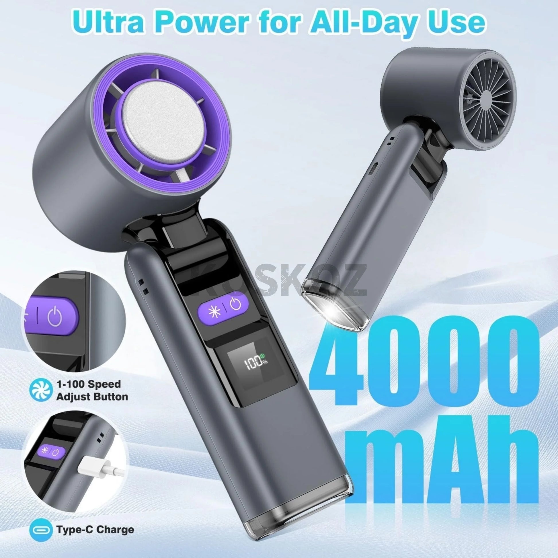 Erleben Sie Erfrischung überall mit dem Tragbaren Handventilator - 5-Gang Mini-Ventilator mit 4000 mAh Akku, integrierter Taschenlampe und Kühlfunktion für Ihre Reisen