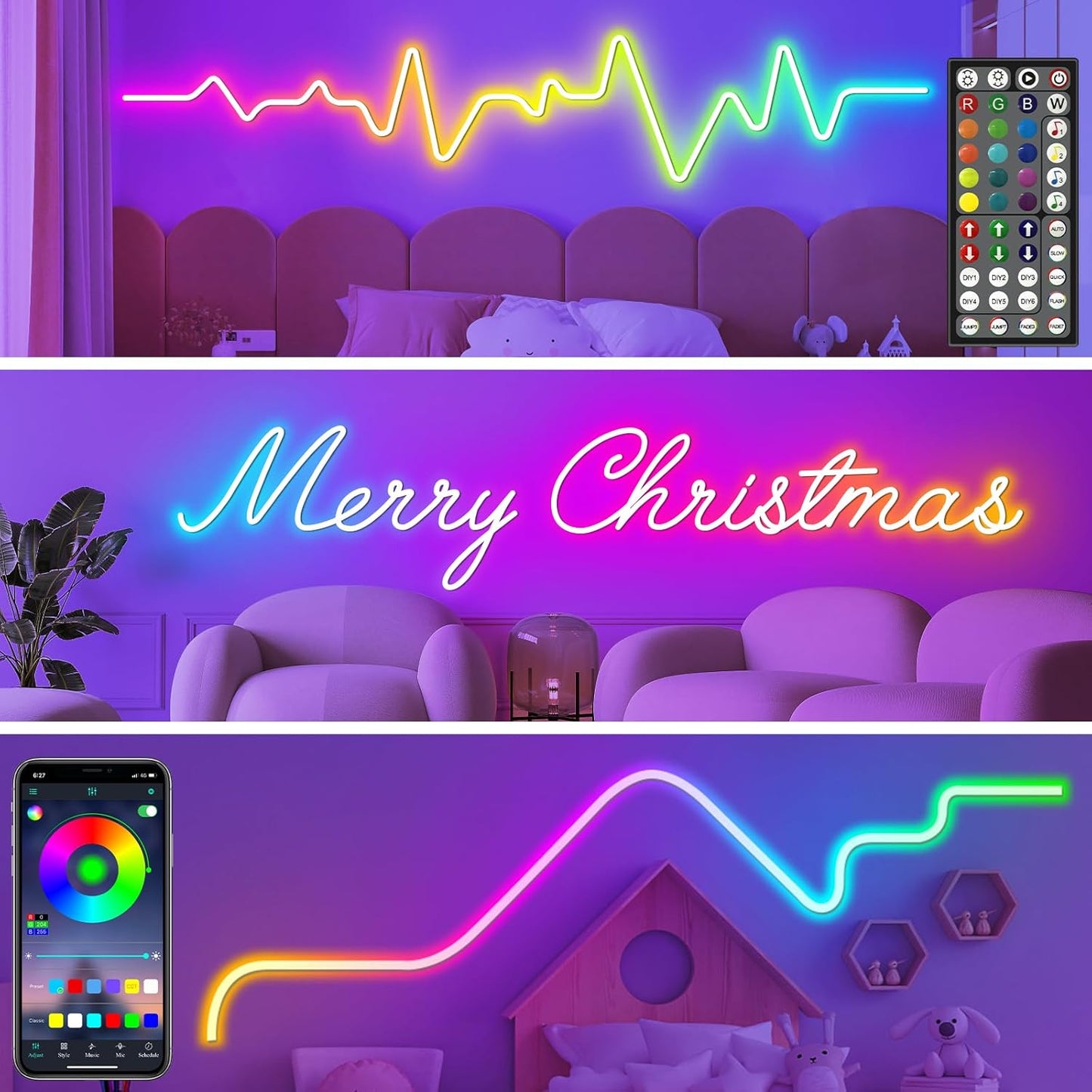 15M Neon LED Strip, Flexible LED Strips, Control with App/Remote, Multiple Modes, Waterproof, Music Sync Gaming Strip Lights for Bedroom Indoor, IP65 Outdoor RGB Neon Lights